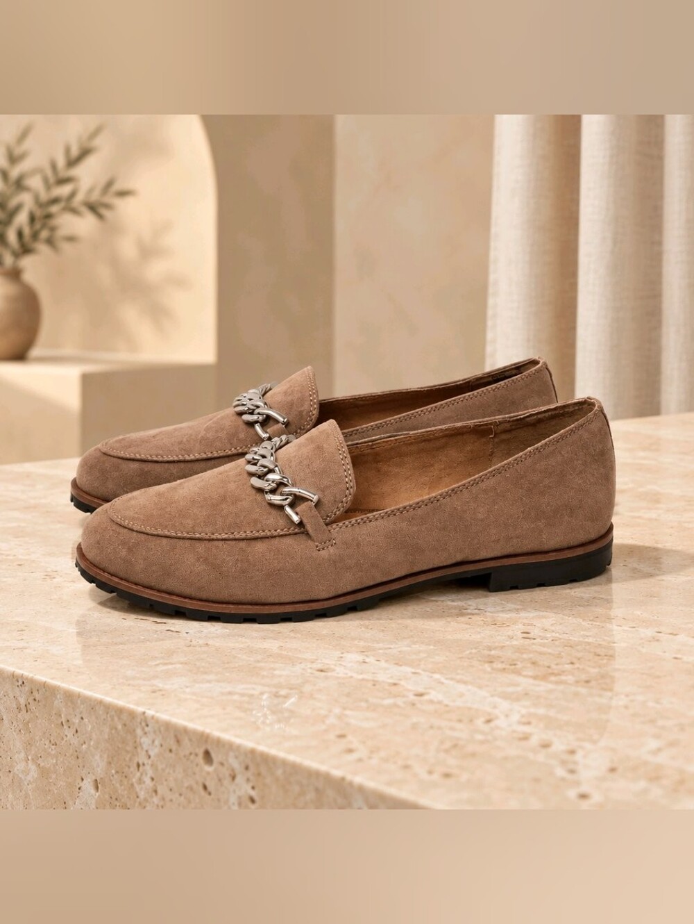 Kelly & Katie Taupe Faux Suede Loafers with Silver Chain